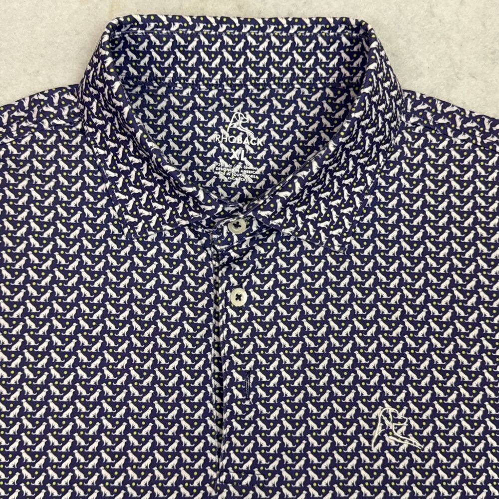 Rhoback Polo Shirt Mens XL Blue Dog Print Stretch Golf Performance Casual
